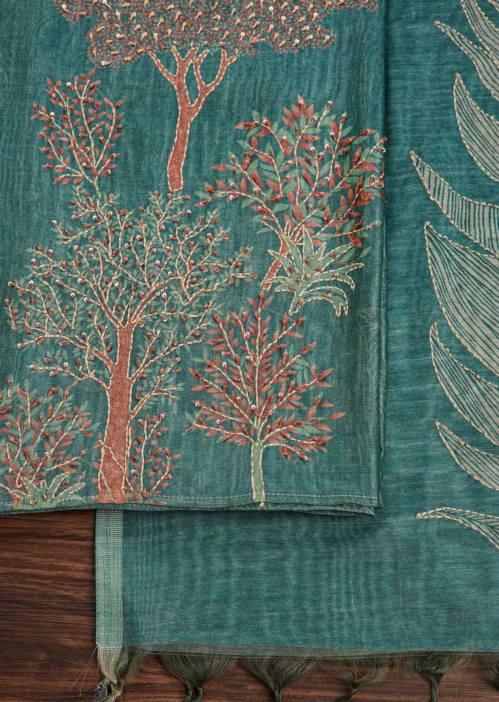 Green Tussar Unstitched Suit Set With Kantha Work And Sequins