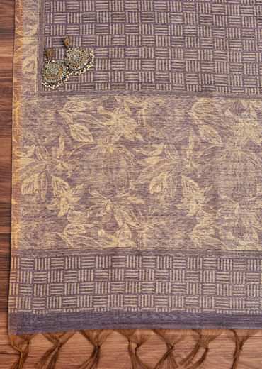 Lavender Tussar Unstitched Suit Set With Floral Print And Zari Work