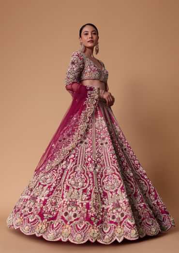 Pink Raw Silk 16 Kali Lehenga And 3D Pearl Embellished Blouse Set