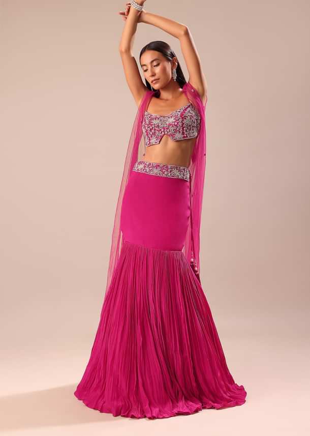 Pink Fishcut Skirt With Hand Embroidered Blouse And Jacket