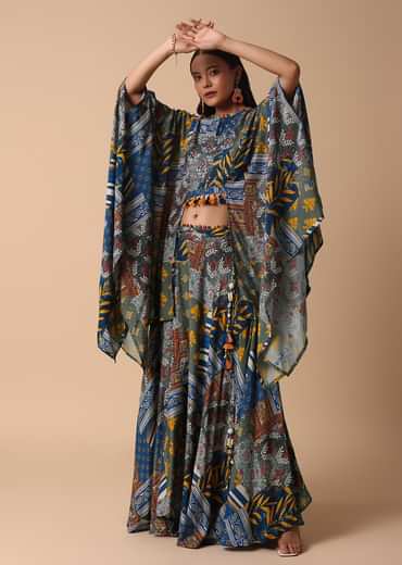 Blue Printed Lehenga With Embroidered Crop Top