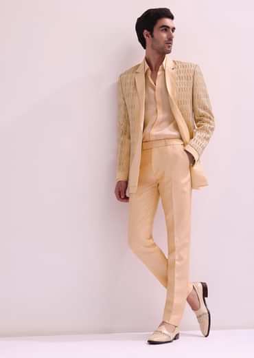 Peach Hand Embellished Lapel Tuxedo With Shirt And Pants