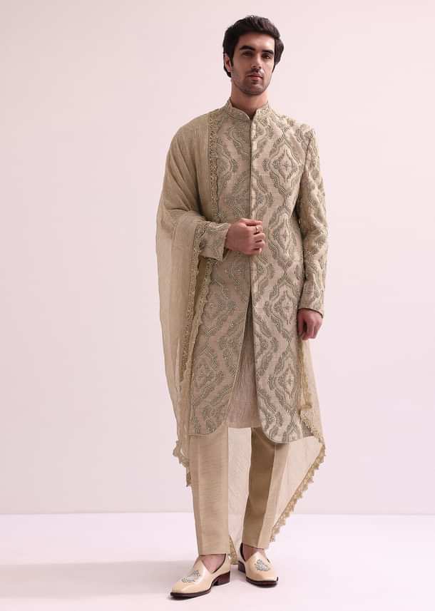 Beige Straight Cut Double Layered Sherwani And Kurta Set In Raw Silk