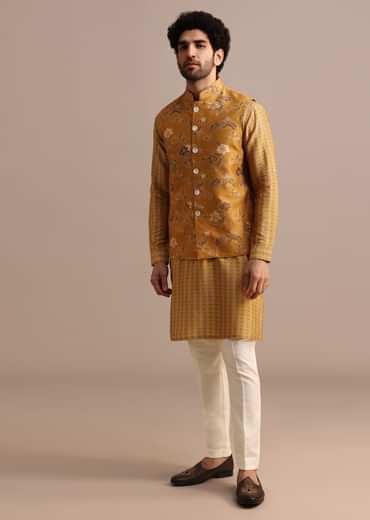 Mustard Yellow Kurta Jacket Set With Floral Cutdana Embroidery