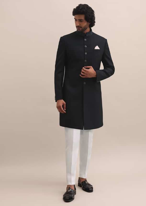 Blue Sherwani With Intricate Embroidered Collar For Men