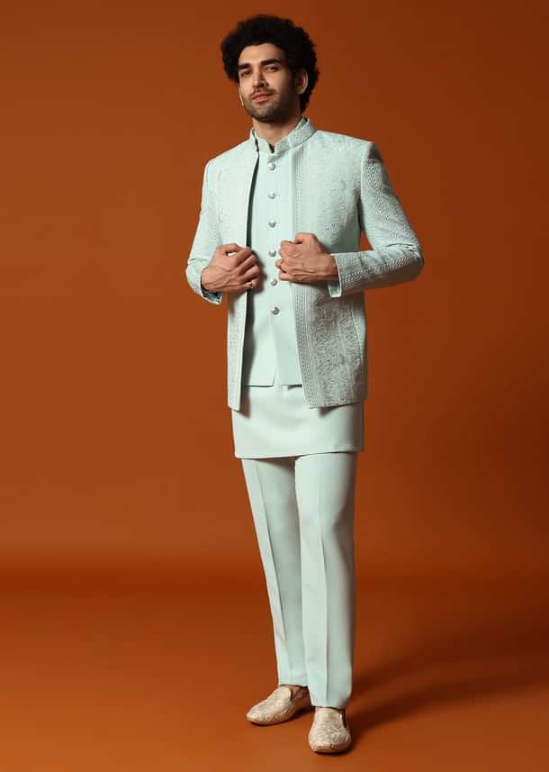 Pista Green Jodhpuri Set In Resham Work For Men