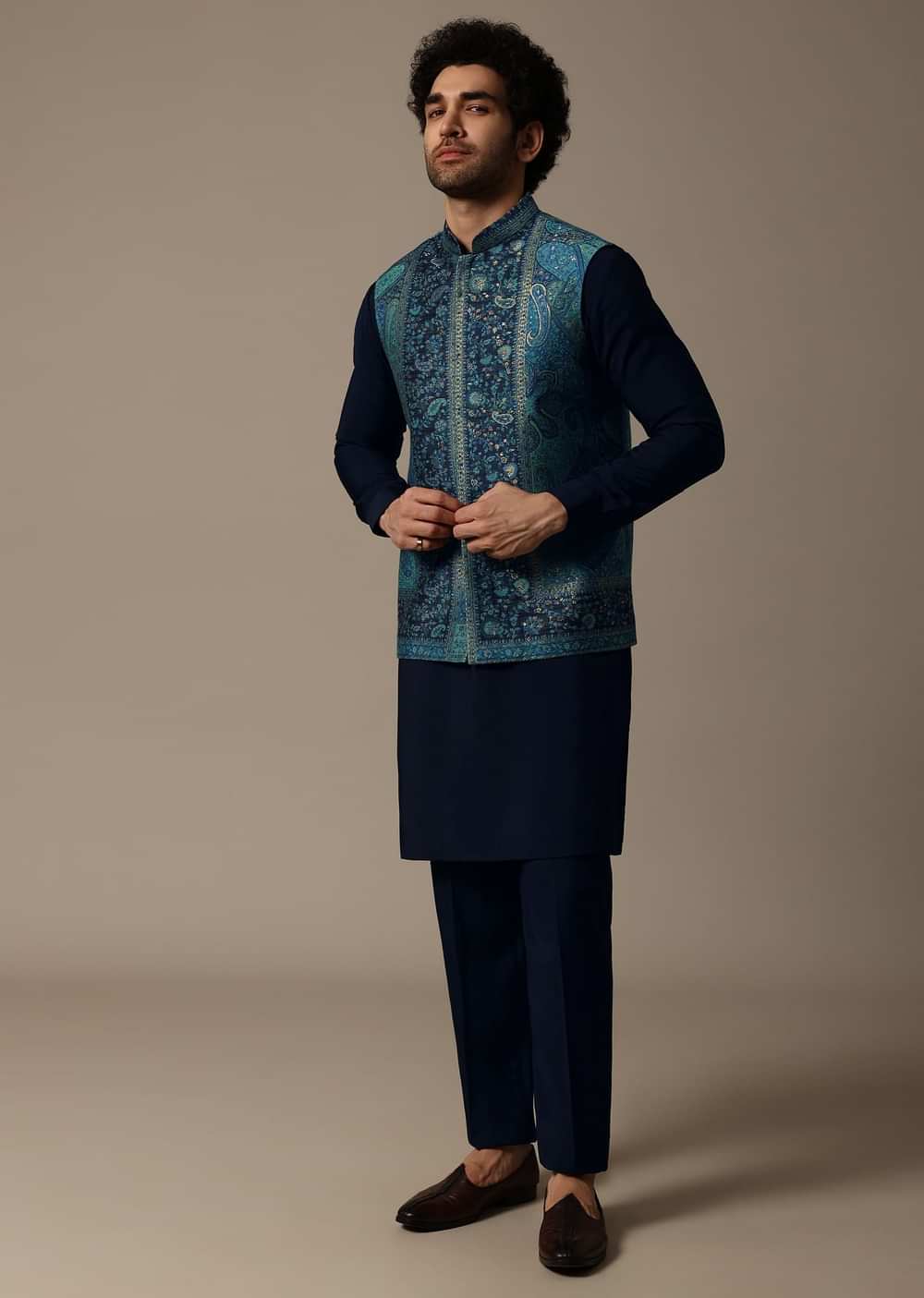 Navy Blue Printed Pashmina Silk Kurta Jacket Set For Men