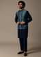 Navy Blue Printed Pashmina Silk Kurta Jacket Set For Men