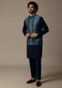 Navy Blue Printed Pashmina Silk Kurta Jacket Set For Men