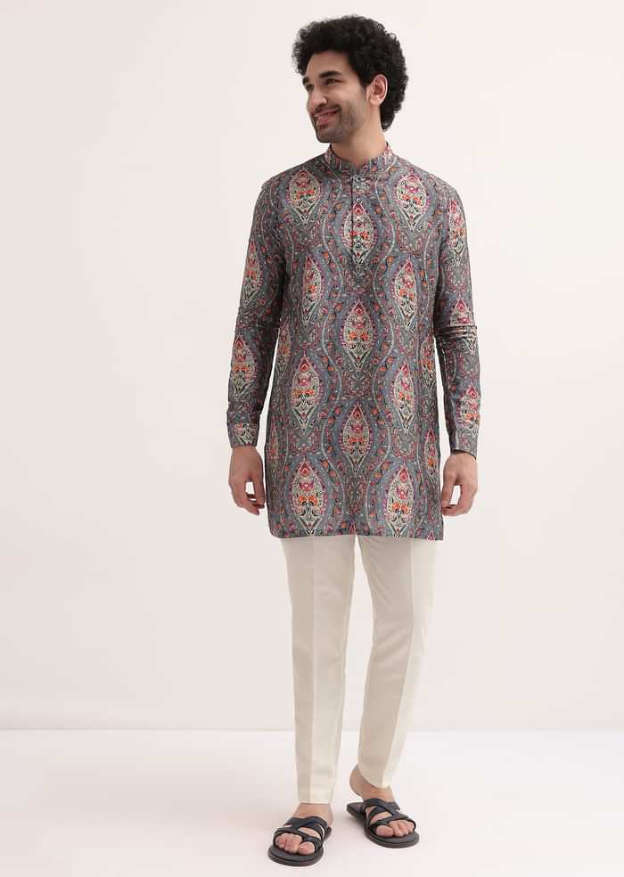 Grey Printed Silk Short Kurta Set For Men
