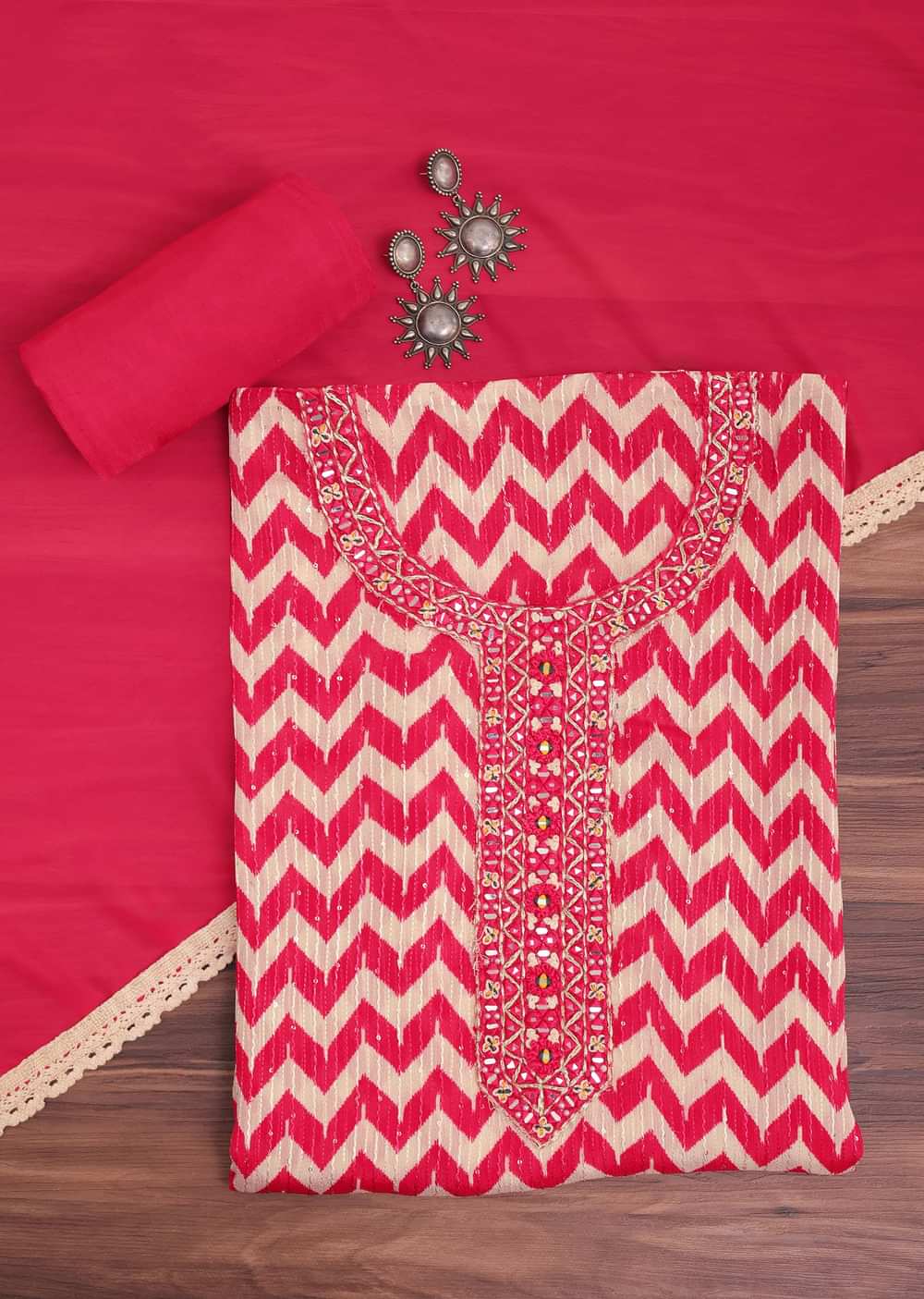 Red Chevron Printed Georgette Dress Material