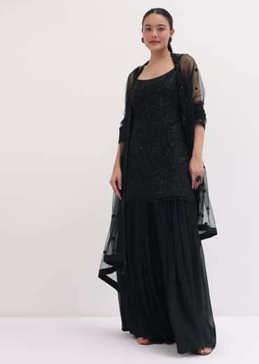Black Embroidered Net Kurta Palazzo Set