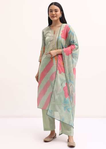 Green Printed Cotton Kurta Set With Dupatta