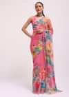 Pink Floral Printed Organza Saree With Unstitched Blouse