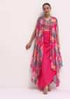 Pink Printed Satin Crop Top And Skirt Set