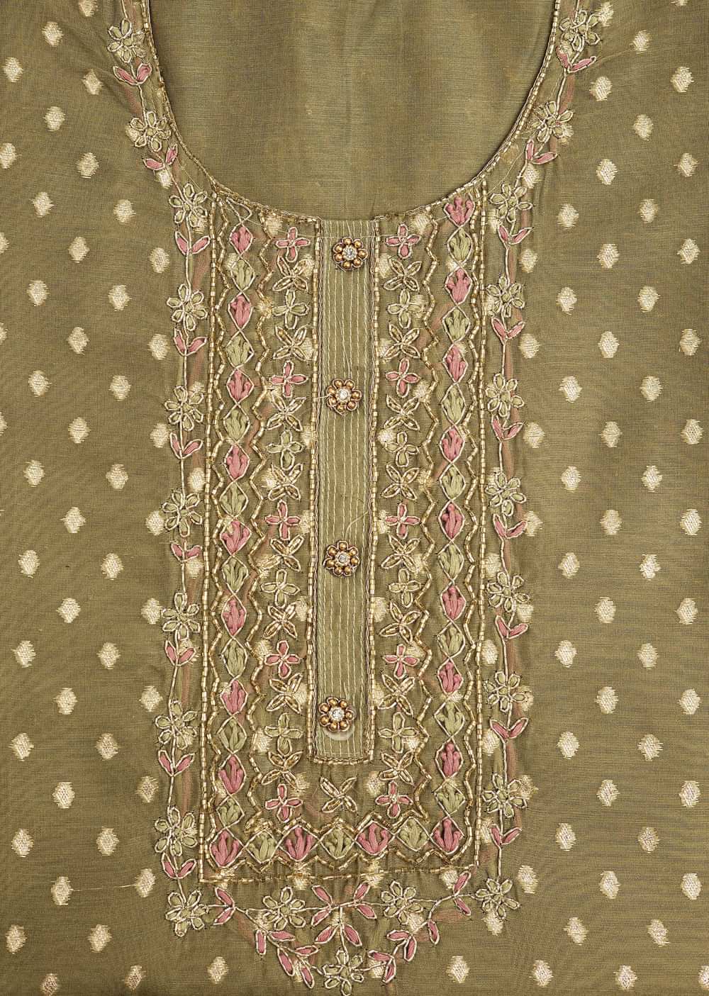 Mehendi Green Chanderi Unstitched Suit Set With Zardosi And Resham Work