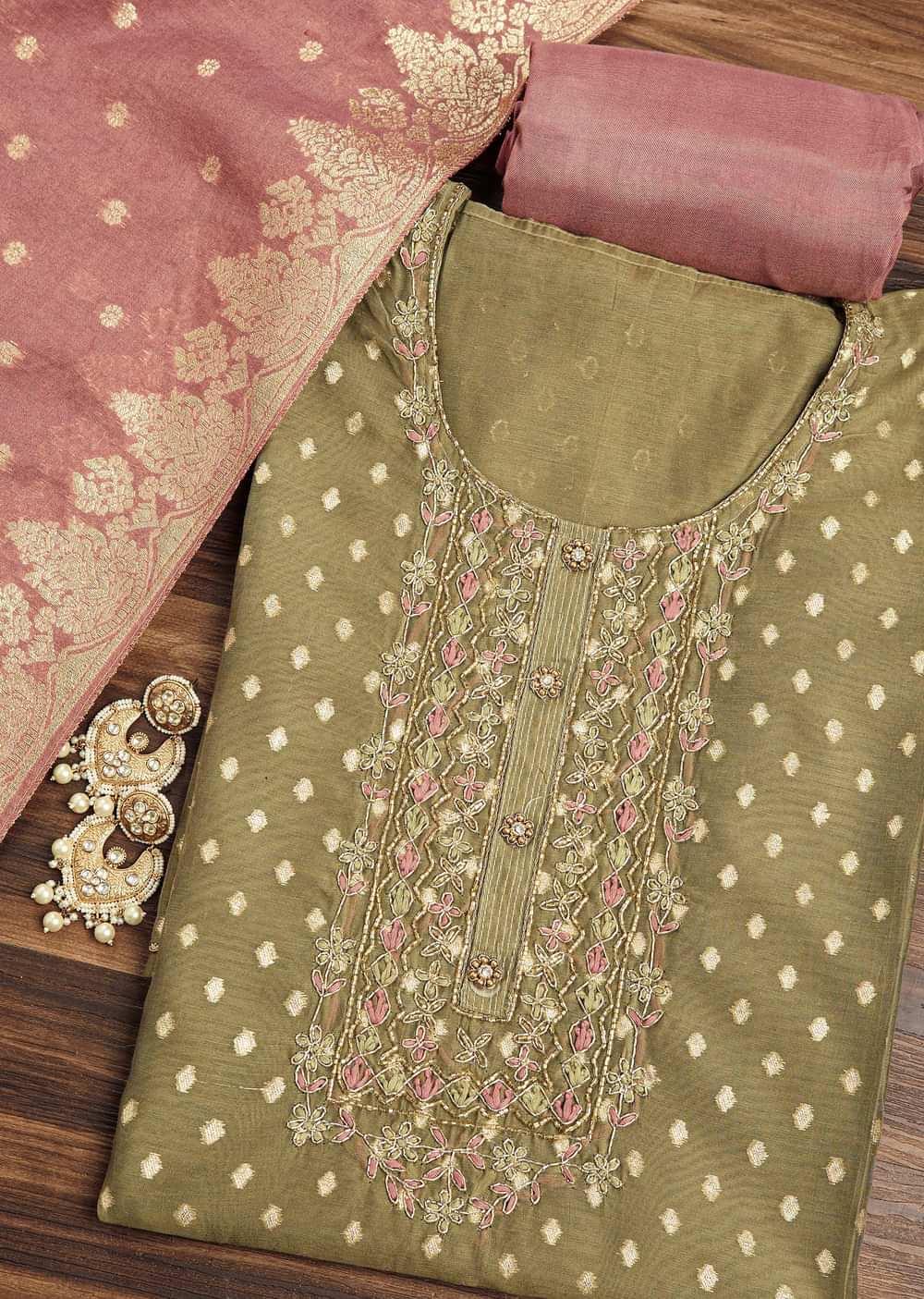 Mehendi Green Chanderi Unstitched Suit Set With Zardosi And Resham Work