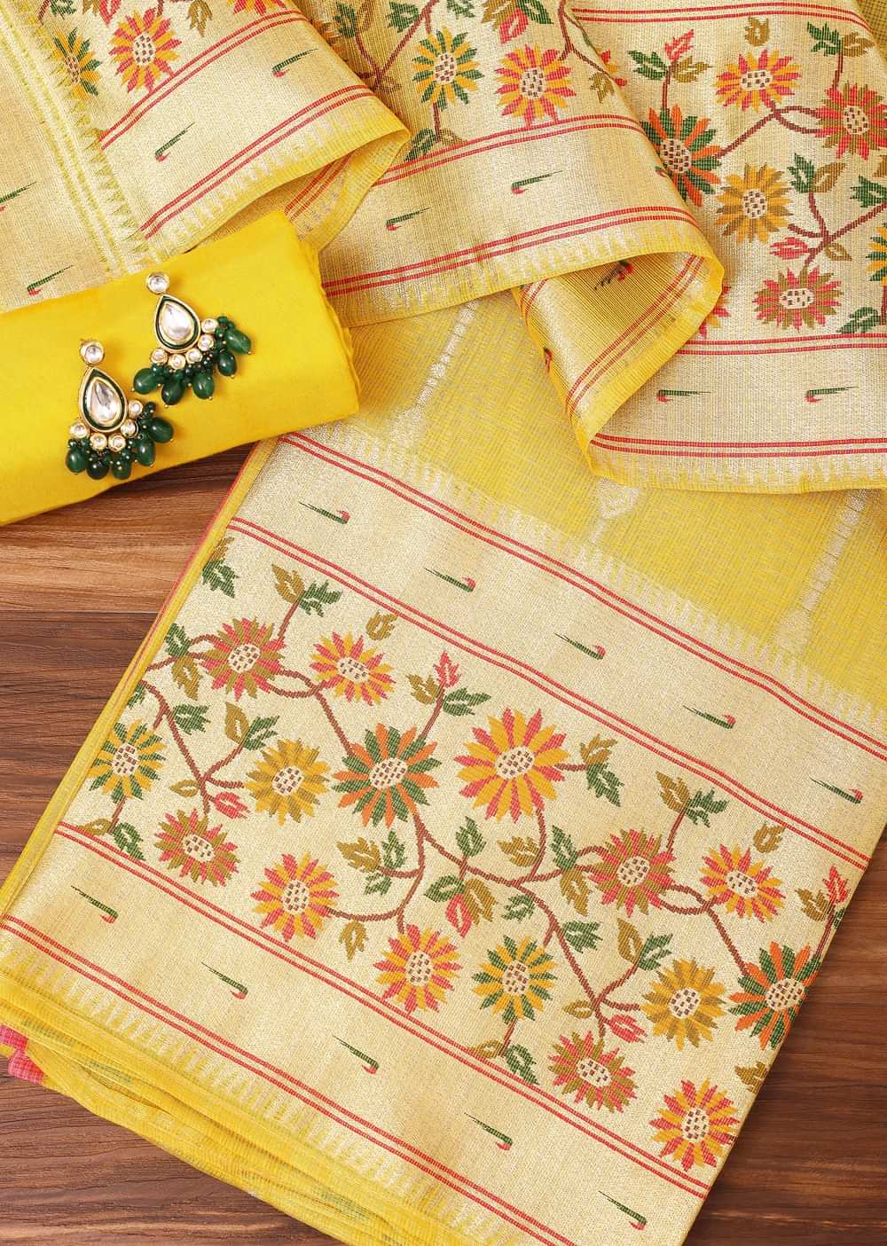 Yellow Silk Pathani Woven Dress Material