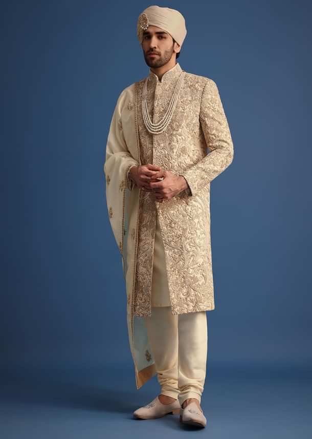 Ivory Sherwani Suit With Beads And Zari Work