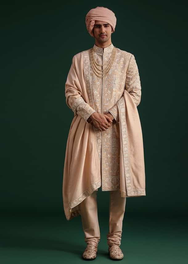 Pink Silk Blend Cotton Silk Sherwani Dupatta Set With Beaded Aari Work