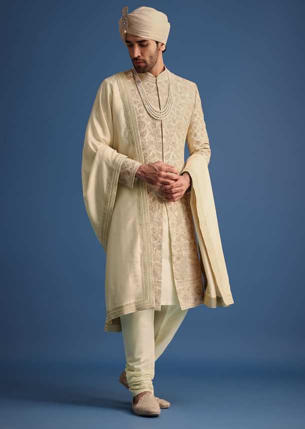 Ivory Zari Embroidered Sherwani Suit