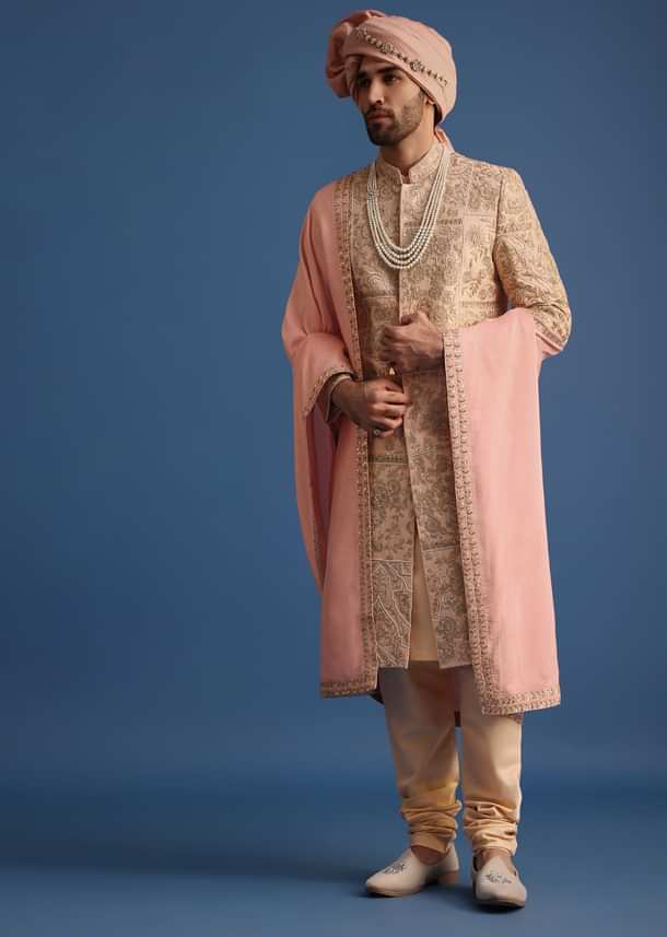 Peach Embroidered Silk Sherwani Suit