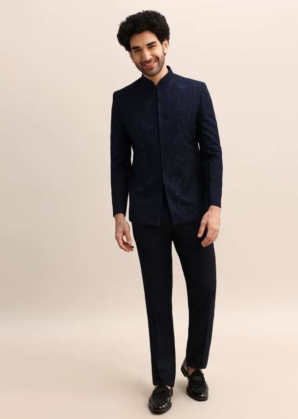 Blue Thread Work Jodhpuri Suit For Men
