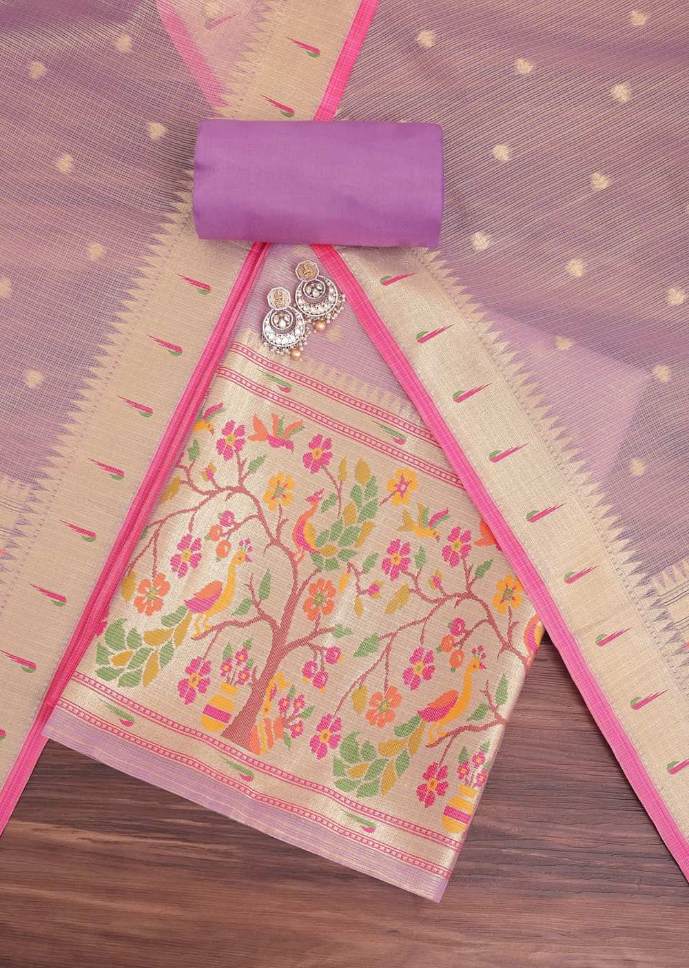 Lavender Gold Paithani Woven Silk Dress Material