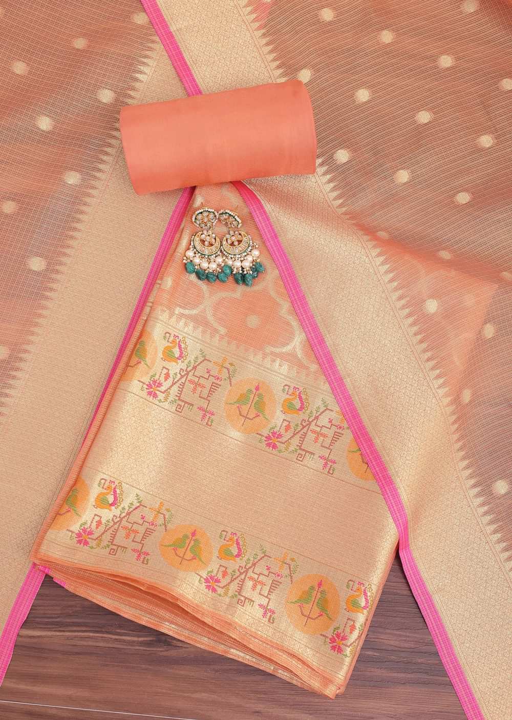 Golden Peach Paithani Woven Silk Dress Material