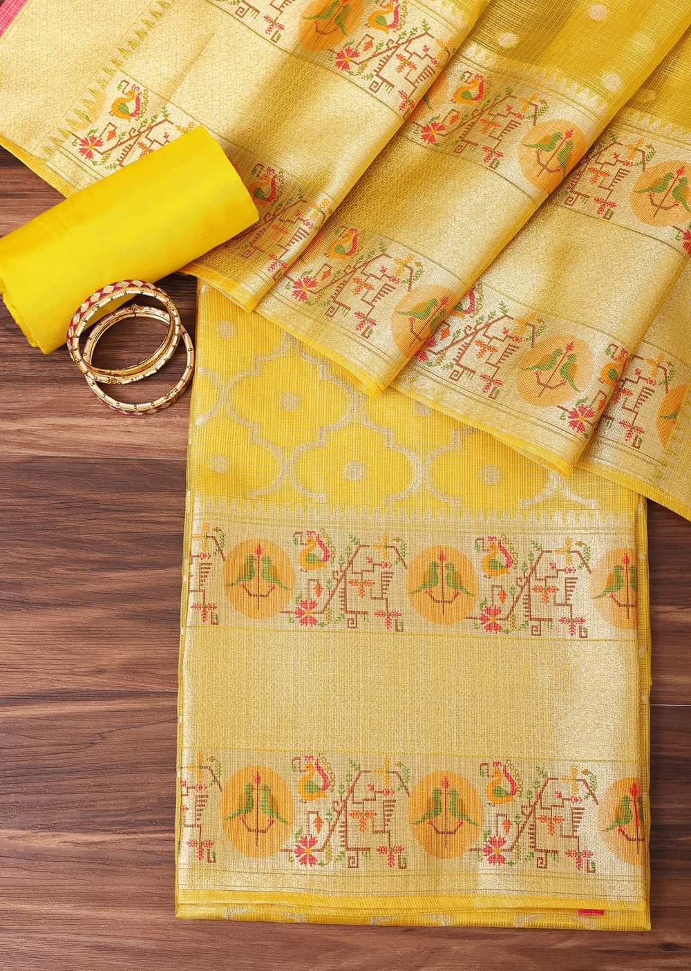 Gold Yellow Paithani Woven Silk Dress Material