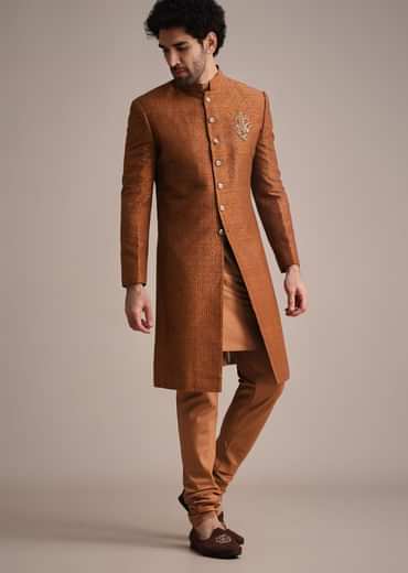Brown Zari Embroidered Sherwani Suit With Mandarin Collar