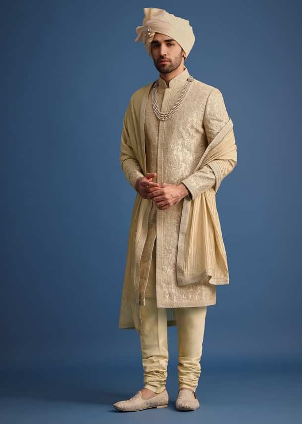 Gold Zari Embroidered Sherwani Suit With Mandarin Collar