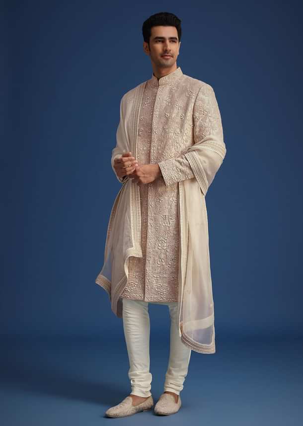 Beige Raw Silk Sherwani Set With Dori Embroidery