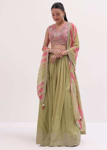 Green And Pink Lehenga With Embroidered Choli And Dupatta