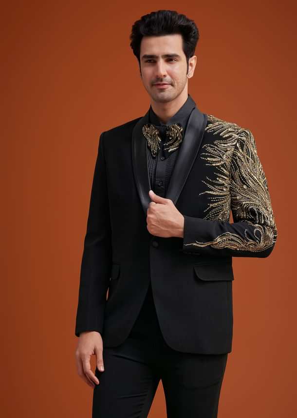 Black Blazer With Asymmetrical Gold Sequin And Bead Embroidery
