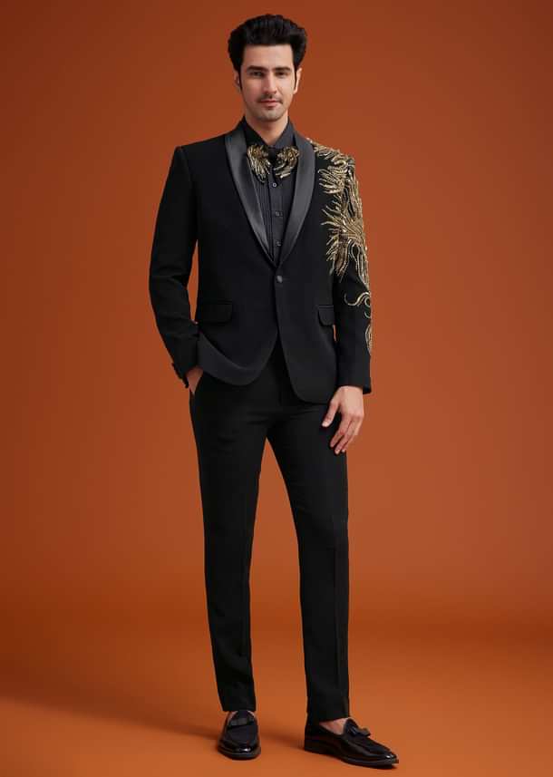 Black Blazer With Asymmetrical Gold Sequin And Bead Embroidery