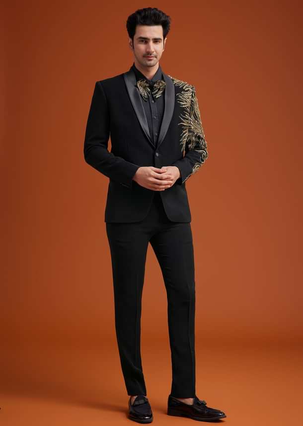 Black Blazer With Asymmetrical Gold Sequin And Bead Embroidery