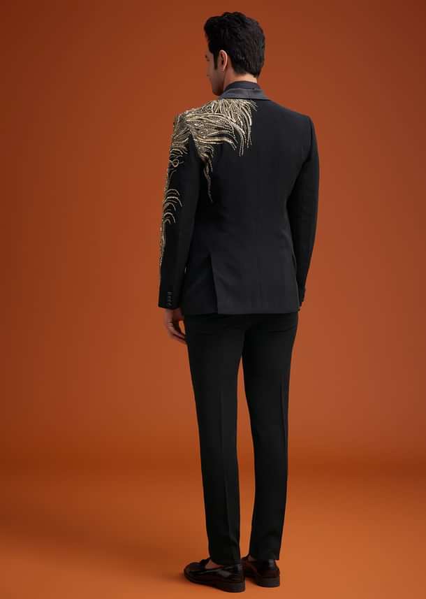 Black Blazer With Asymmetrical Gold Sequin And Bead Embroidery