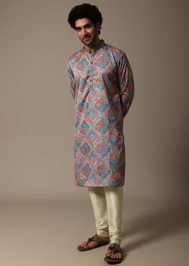 Aqua Blue Printed Silk Kurta Set For Men