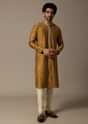 Mustard Yellow Lehariya Printed Kurta Set For Men