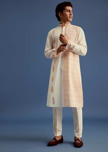White Hand Block Print Kurta Set With Zari Work