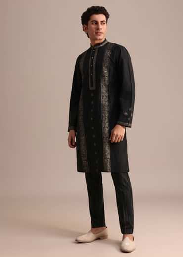 Black Hand Block Printed Kurta Set With Foil Work