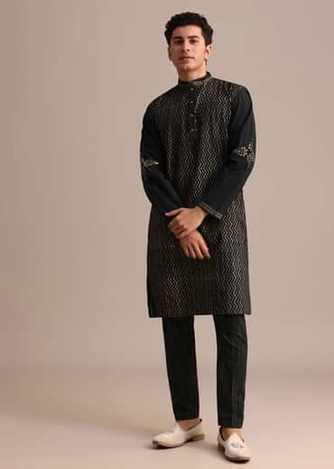 Black Hand Block Printed Foil Work Kurta Set