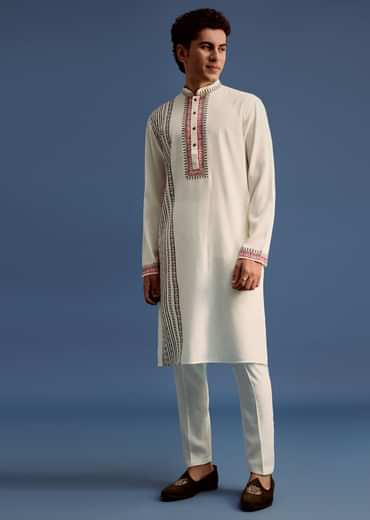 Off White Block Printed Kurta Set With Zari Hand Embroidery