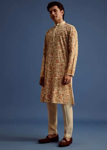 Beige Rayon Floral Block Printed Kurta Set