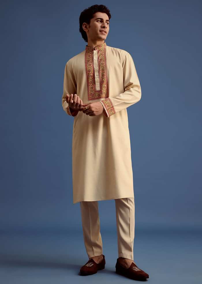 Beige Zari Floral Block Printed Kurta Set
