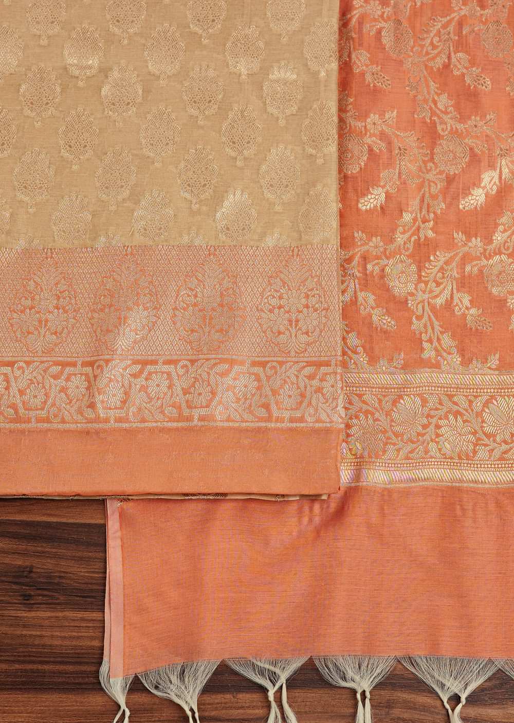 Beige And Peach Banarasi Silk Unstitched Suit Set With Woven Detailing