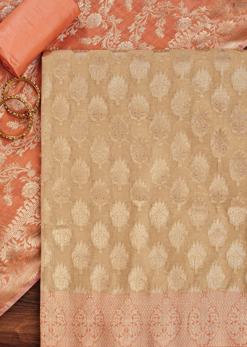Beige And Peach Banarasi Silk Unstitched Suit Set With Woven Detailing