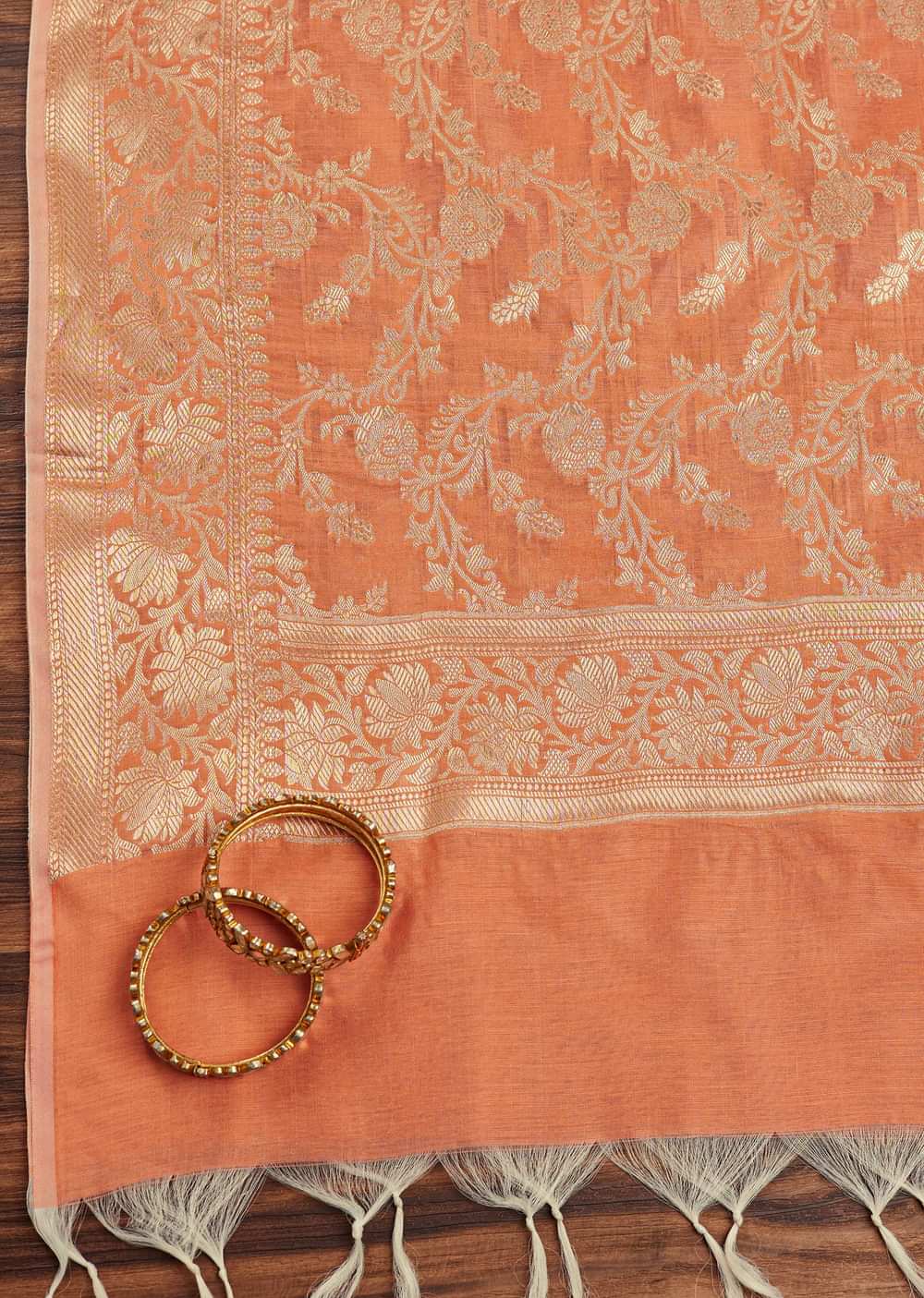 Beige And Peach Banarasi Silk Unstitched Suit Set With Woven Detailing