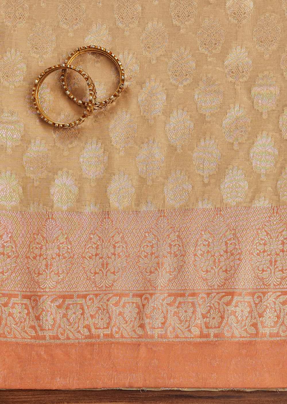 Beige And Peach Banarasi Silk Unstitched Suit Set With Woven Detailing